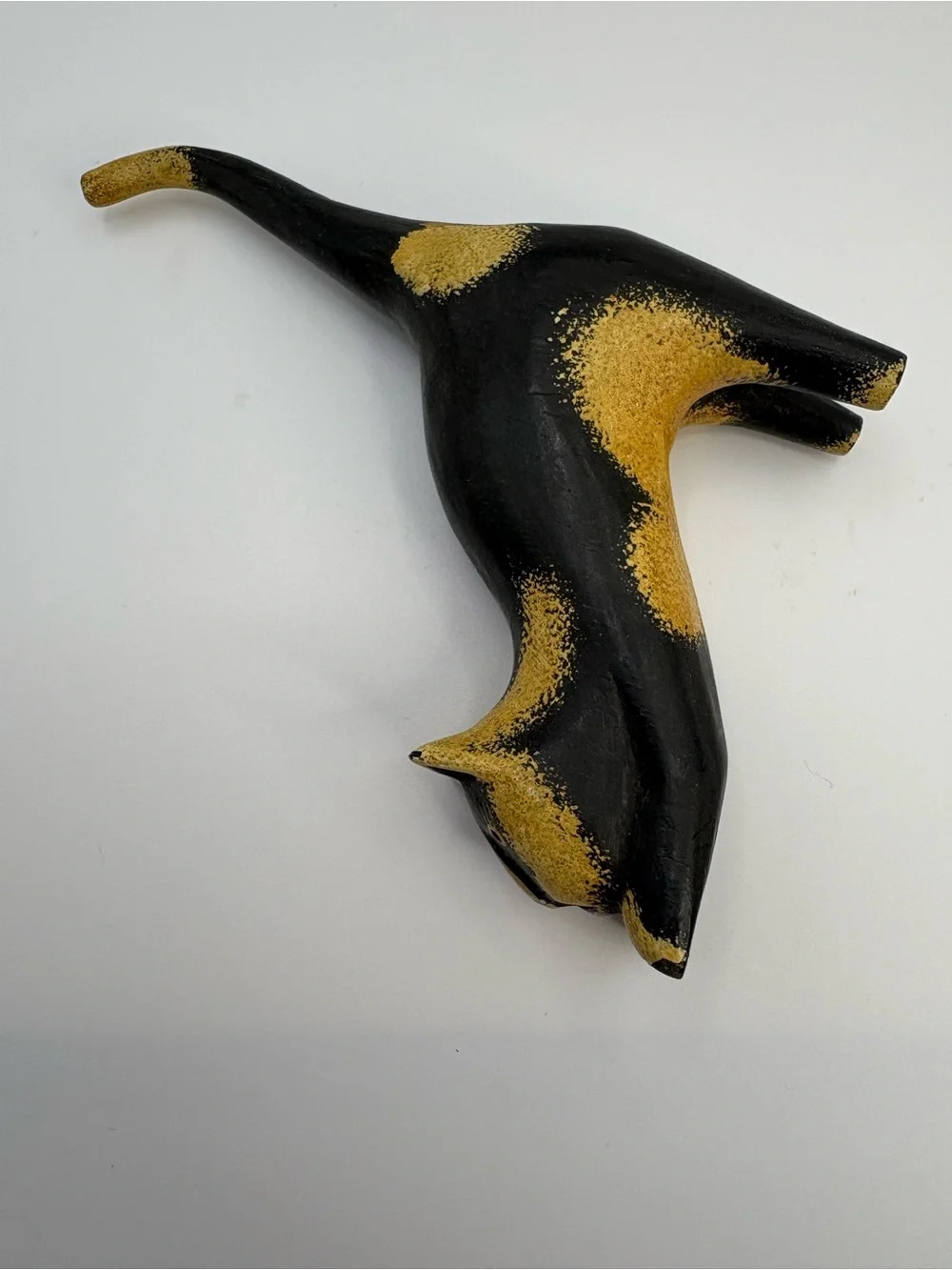 Vintage Bali Wood Hand Carved Long Tail Cat Figurine Black Cream Folk Art Decor